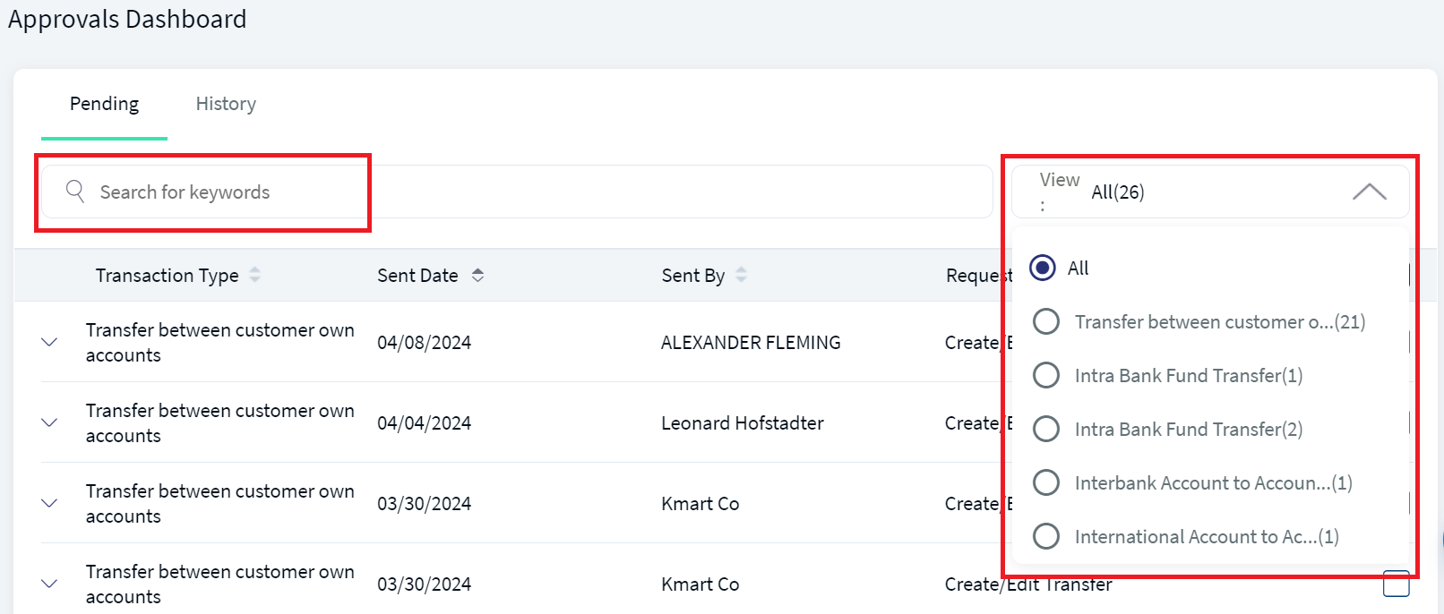 Search - Pending for Approvals