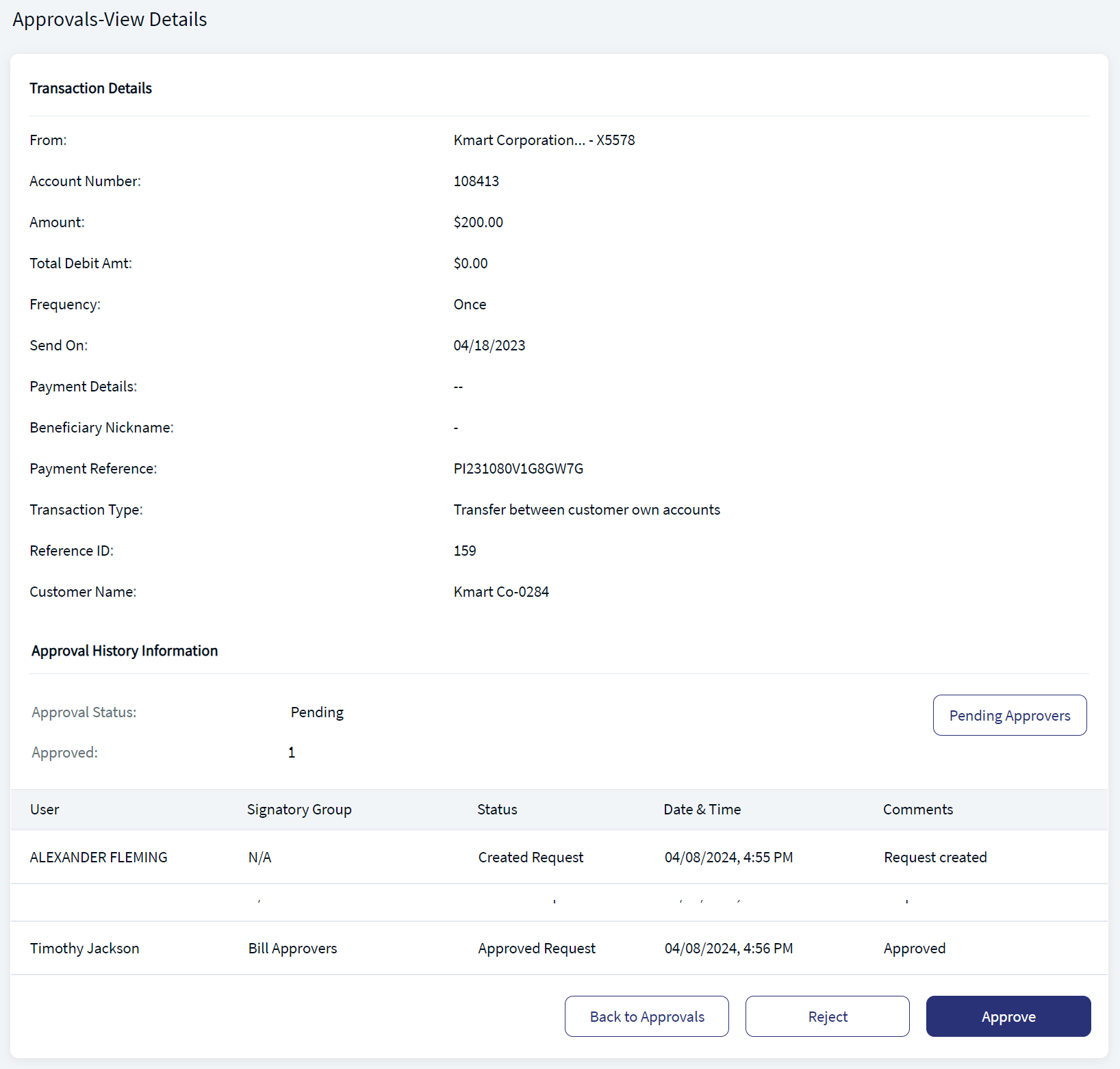 Approval Transaction Details 