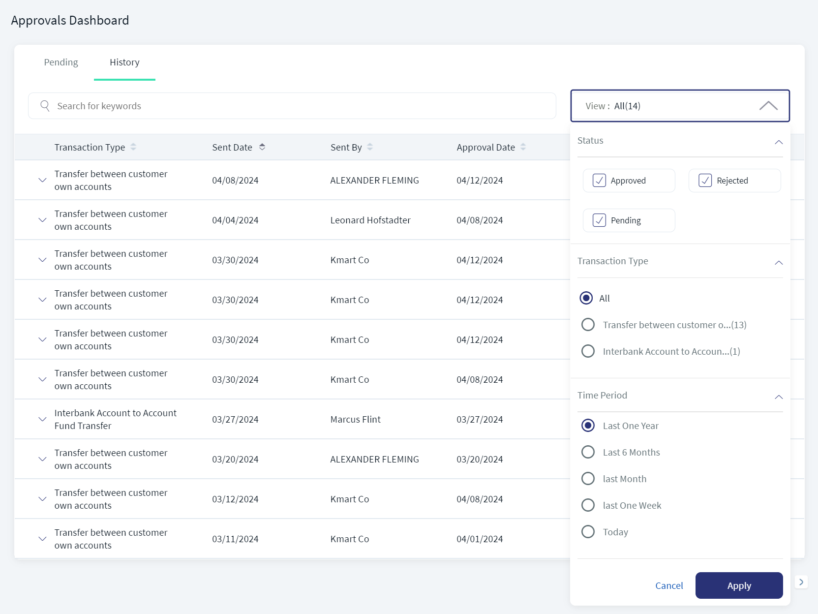 Approval History Filter Search Approval History Filter Search
