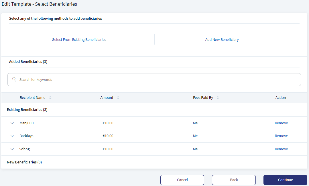 Bulk Payments - Edit Template - Select Beneficiaries