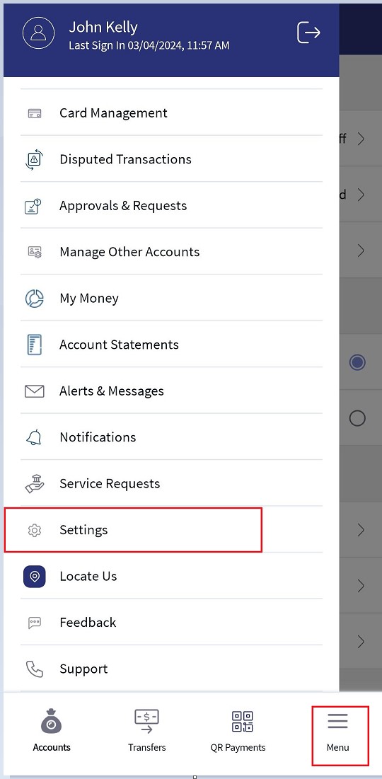 Settings from Hamburger menu