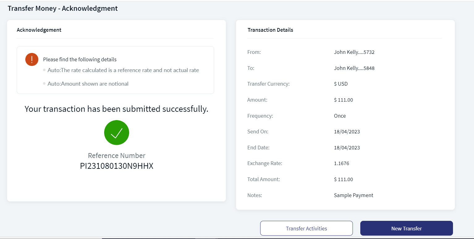 Existing Payee Transfer Acknowledgment