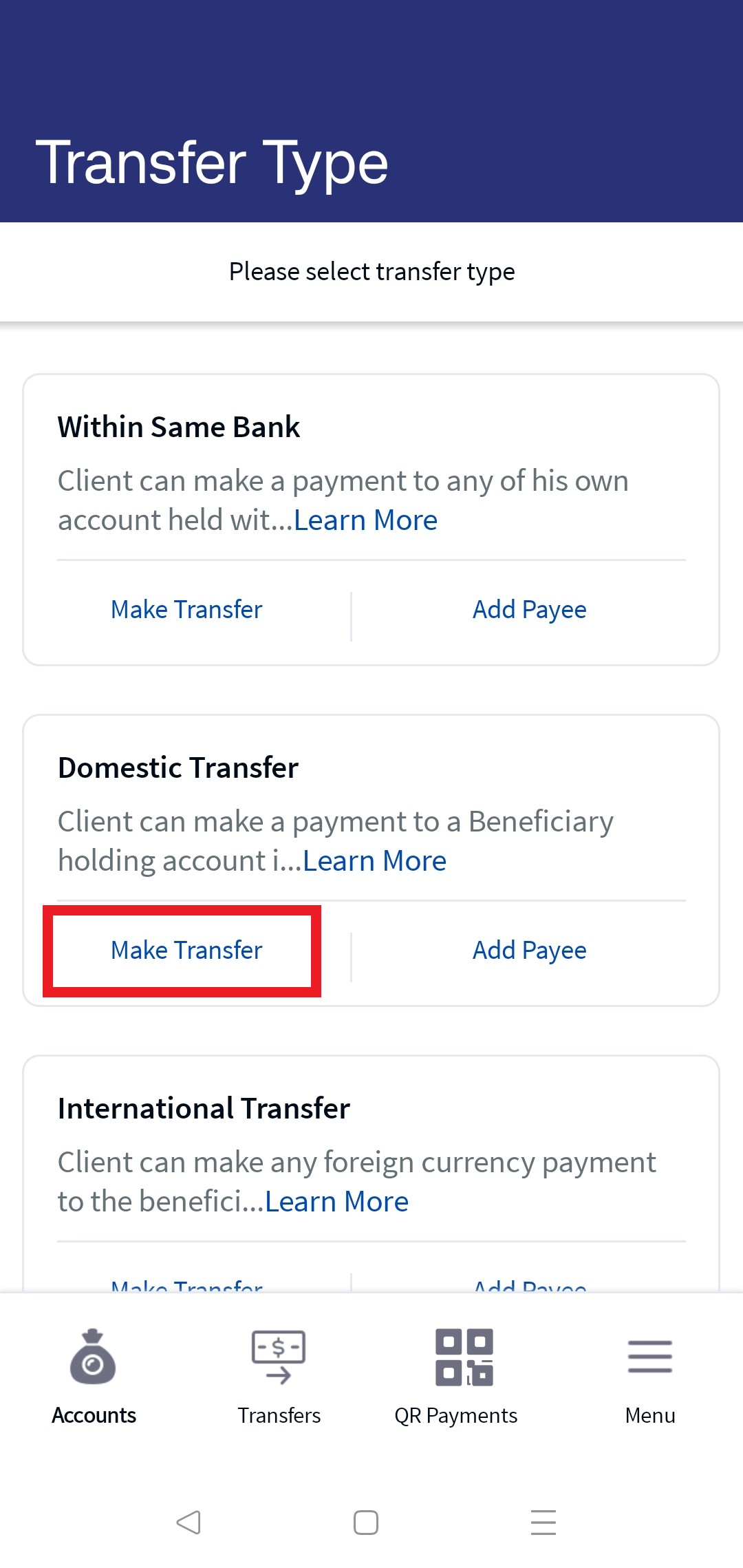 Domestic Transfer - Existing Payee - MB