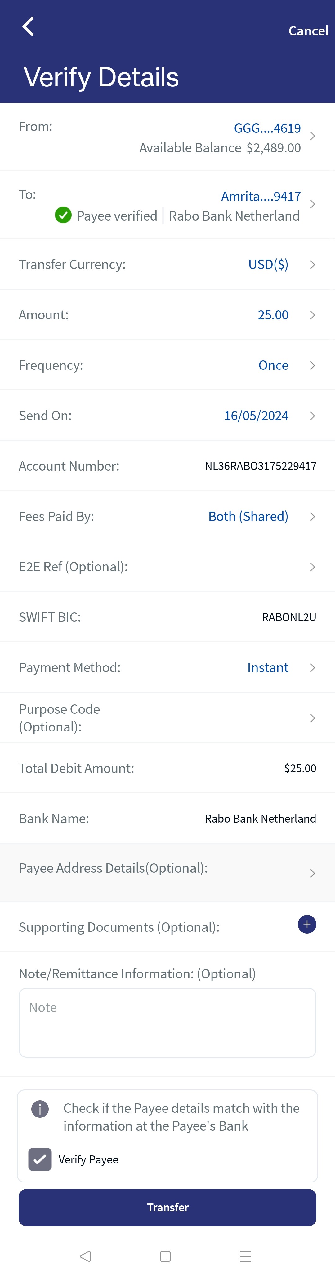 Domestic Transfer - Existing Payee - MB
