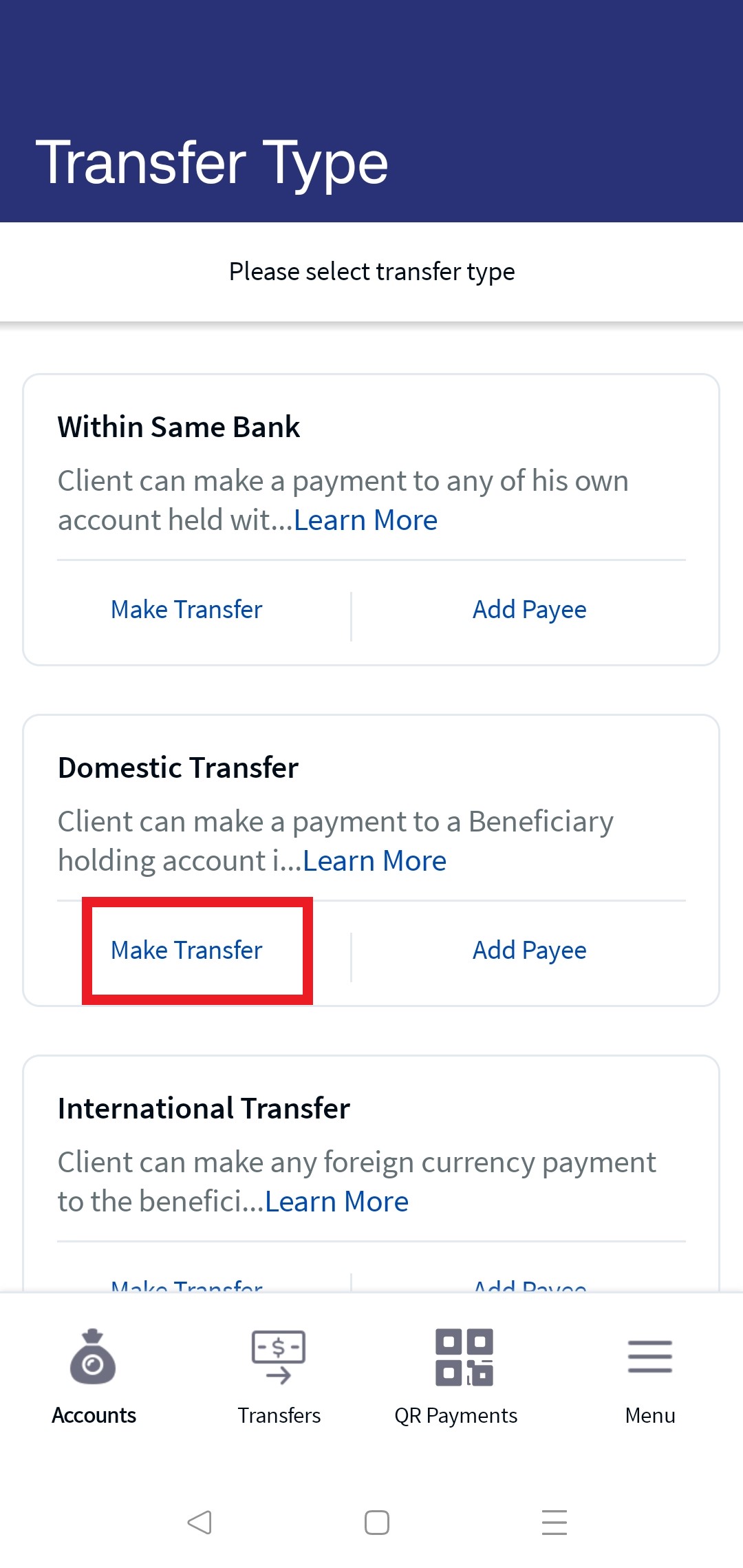 Domestic Transfer - Existing Payee - MB