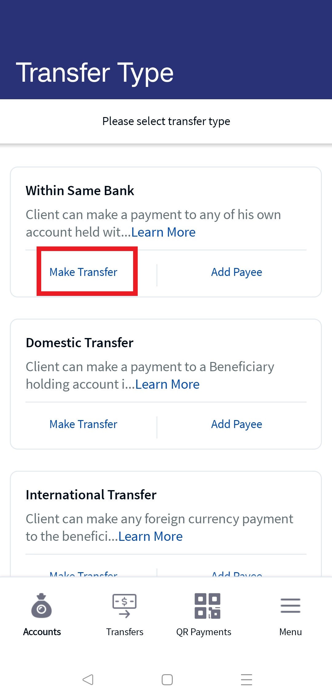 Same Bank Existing Payee Transfer