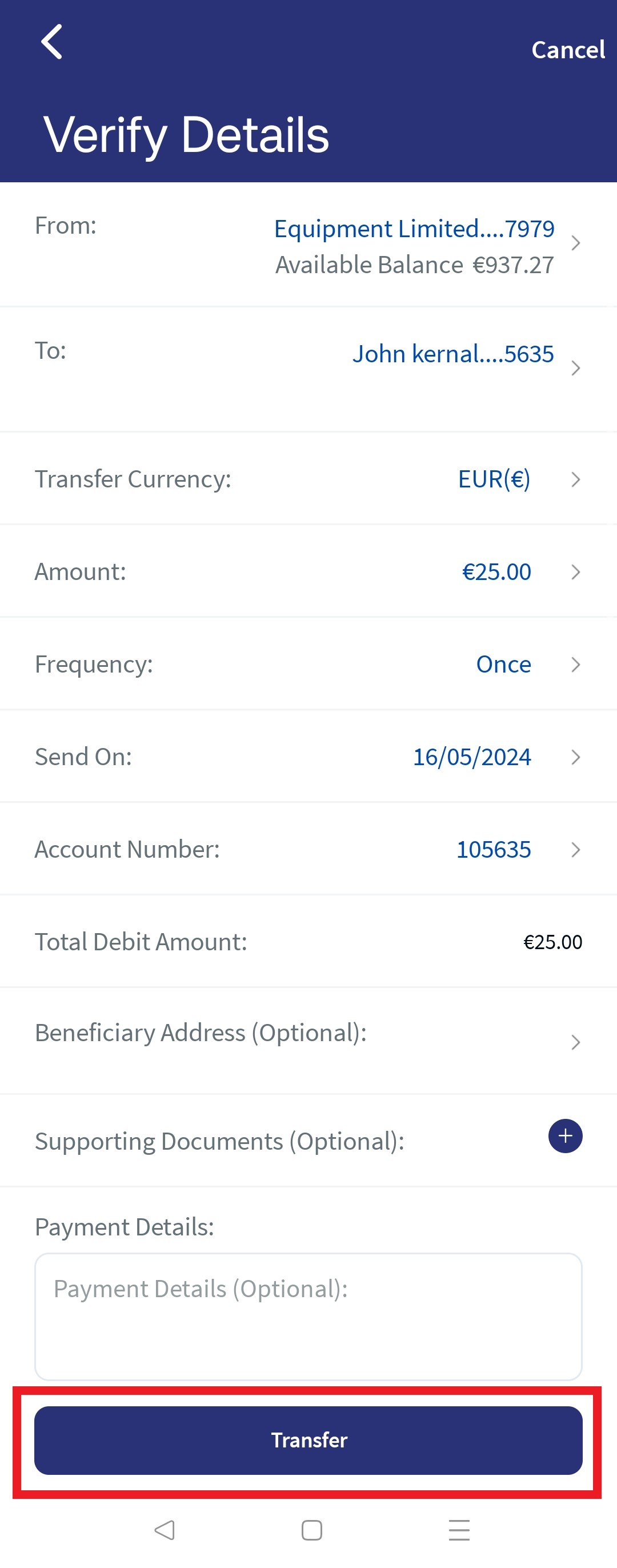 Same Bank Existing Payee Transfer