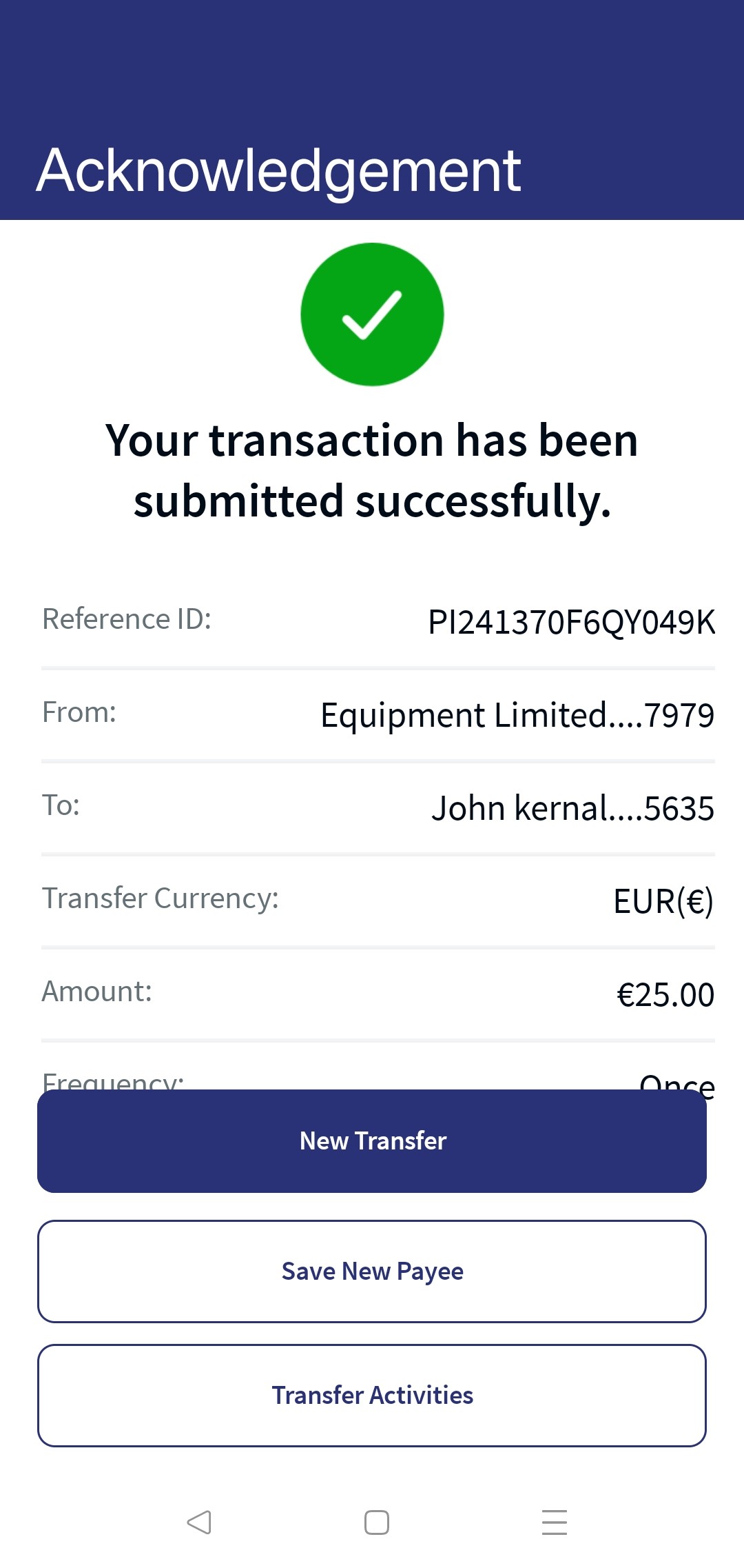 Same Bank Existing Payee Transfer