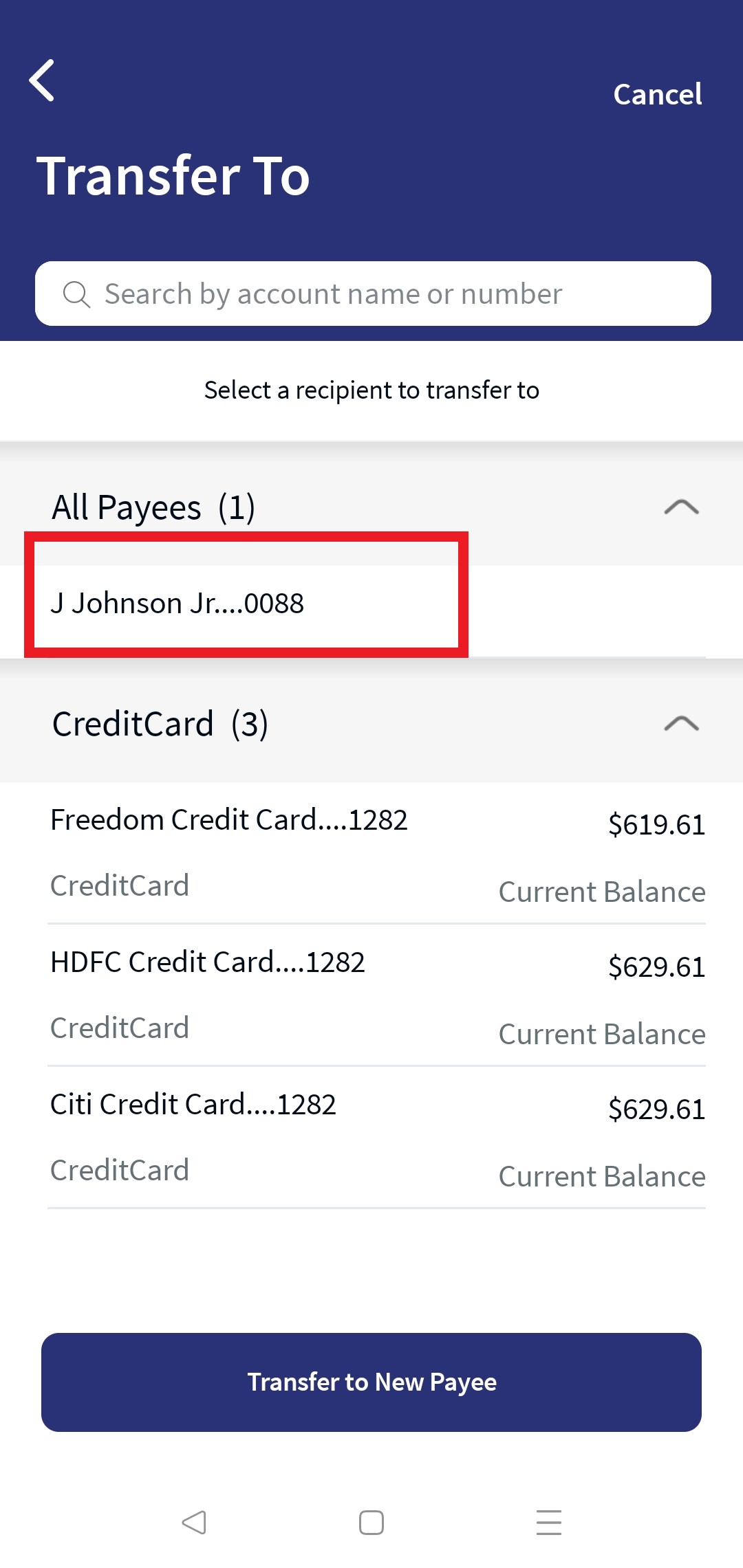 Same Bank Existing Payee Transfer