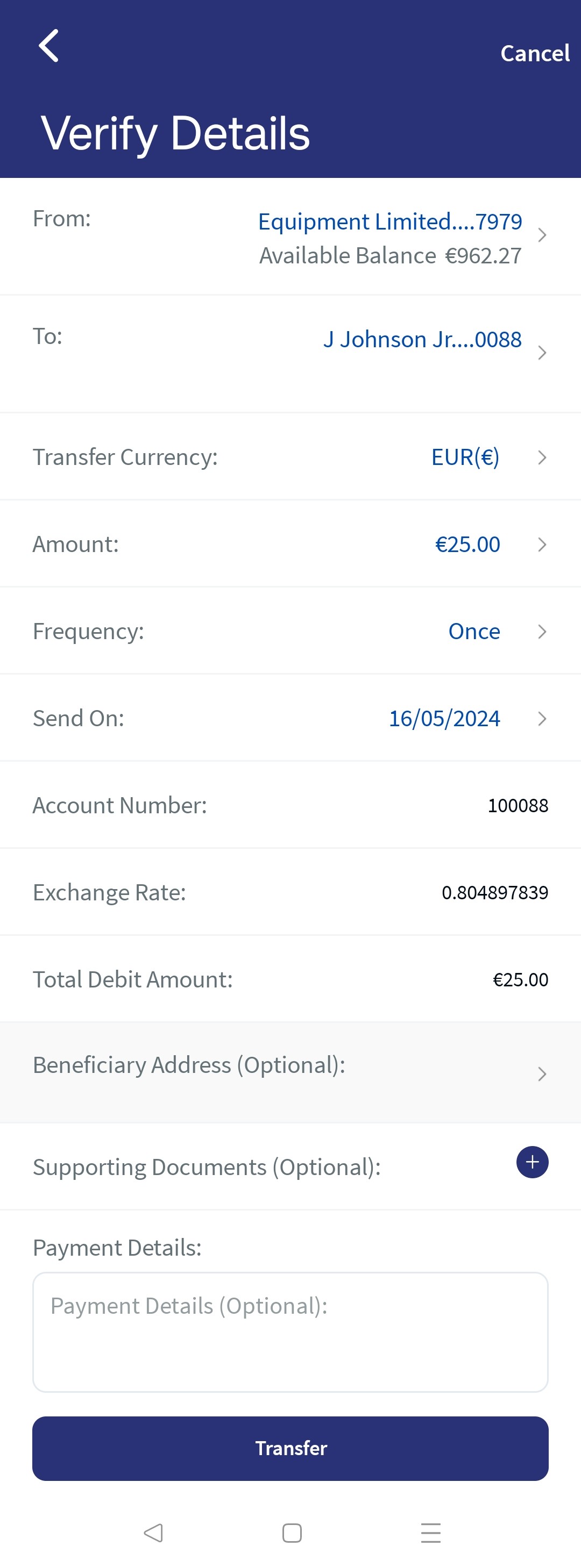 Same Bank Existing Payee Transfer