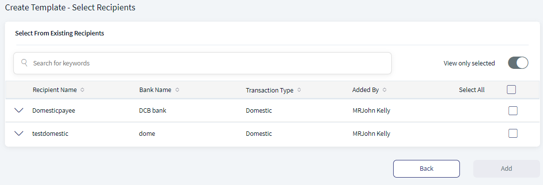 Wire Transfer - Create Template (Select Recipients)