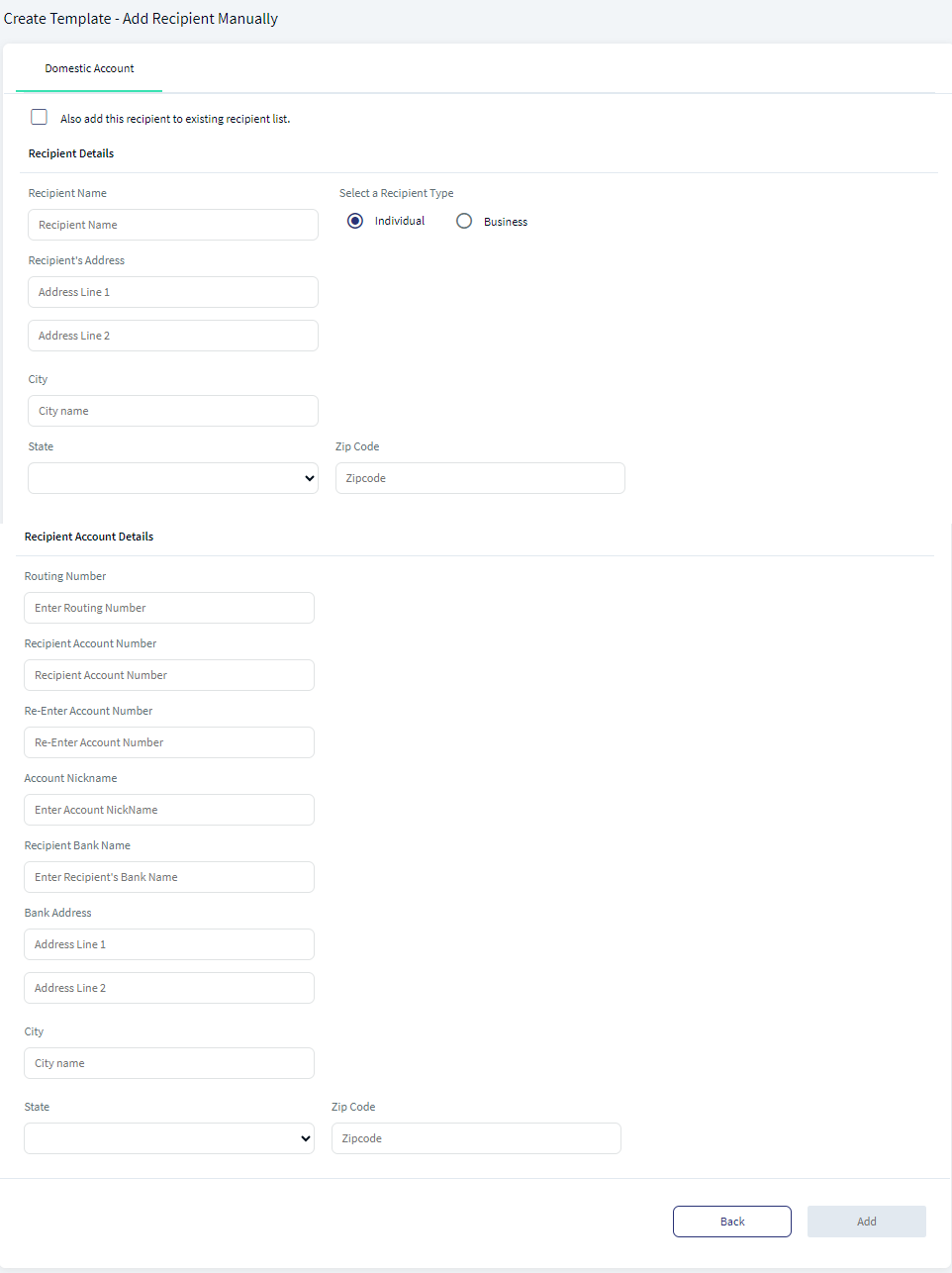 Wire Transfer - Create Template (Add Recipient Manually)