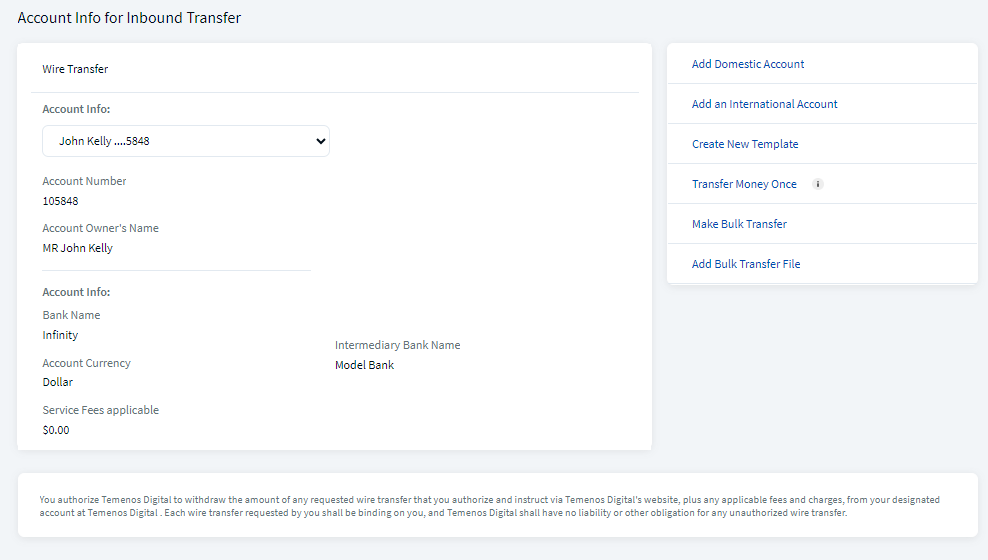 Wire Transfer -  View Account Information