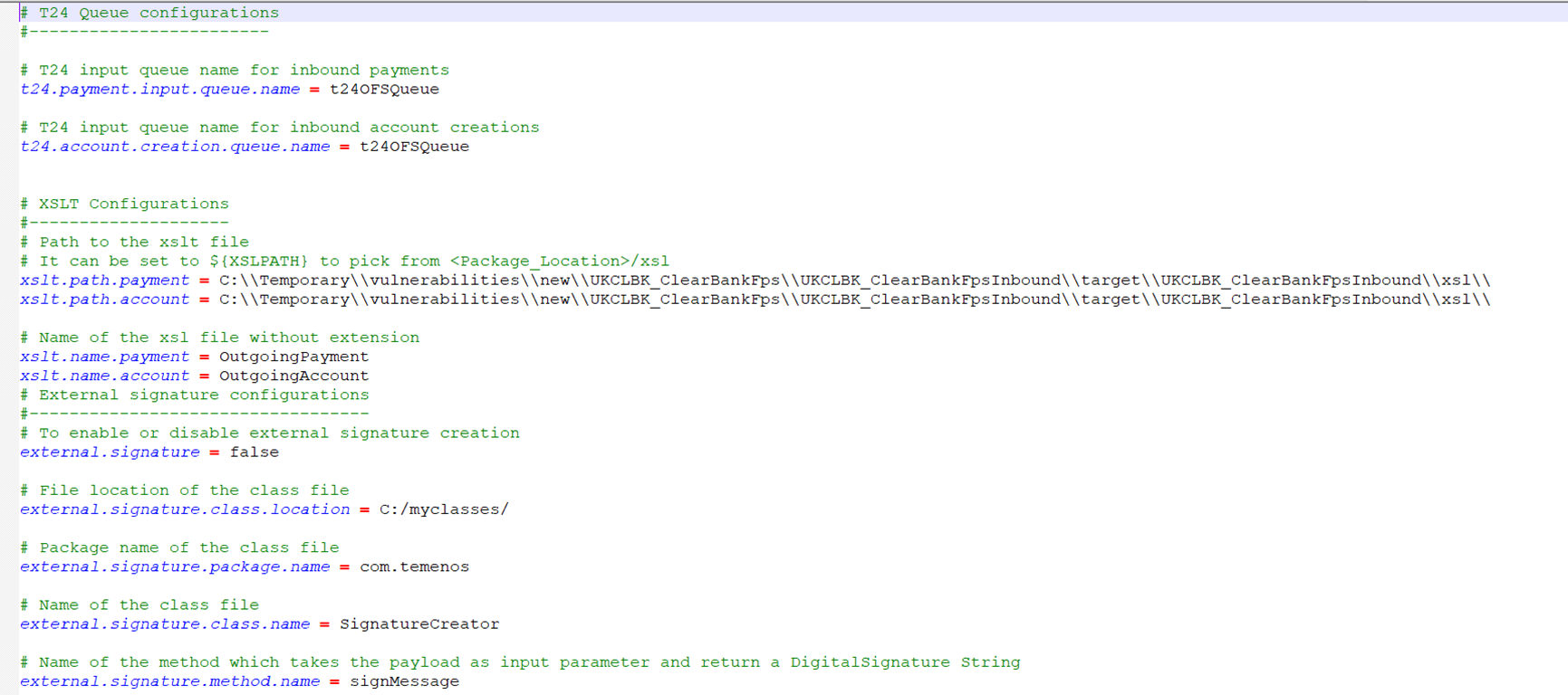 Application properties file configurations